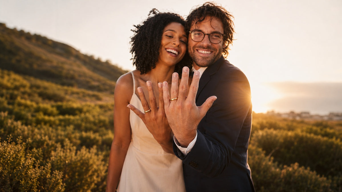 Couple in a vineyard with a sunset, the man showing off a ring.
