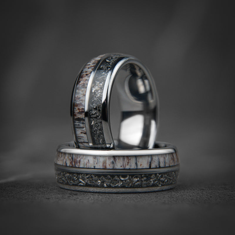 Deer Hunter - Meteorite Deer Antler Silver Tungsten Wedding Ring