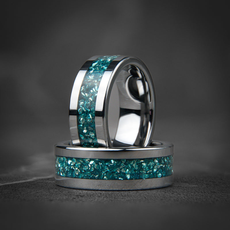 Glacier Crest - Crushed Pacific Blue Opal Silver Tungsten Ring
