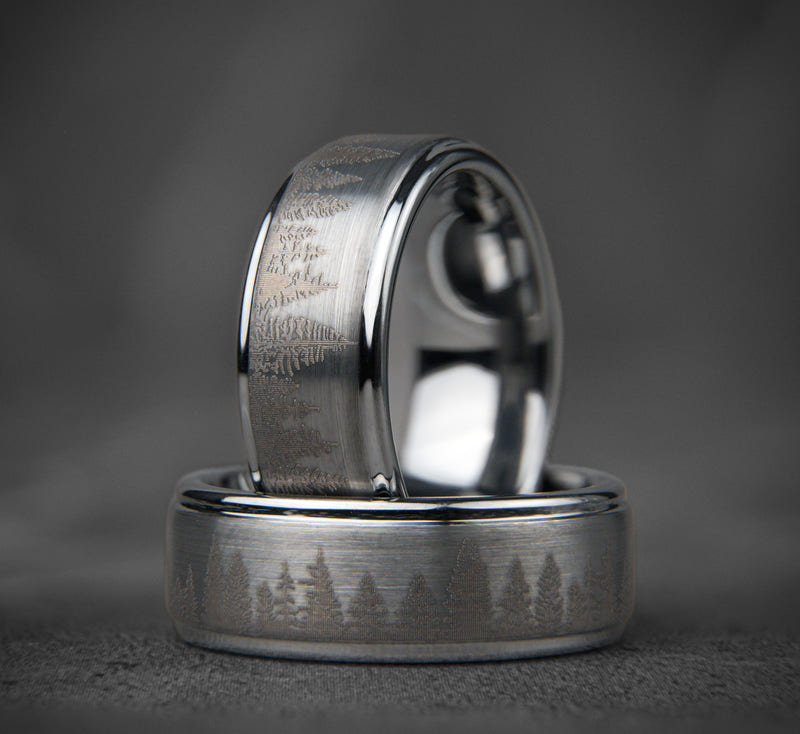 FROZEN FOREST - Bague en tungstène argenté, alliance en tungstène avec motif pin et chêne, bague en tungstène pour homme, alliance unique