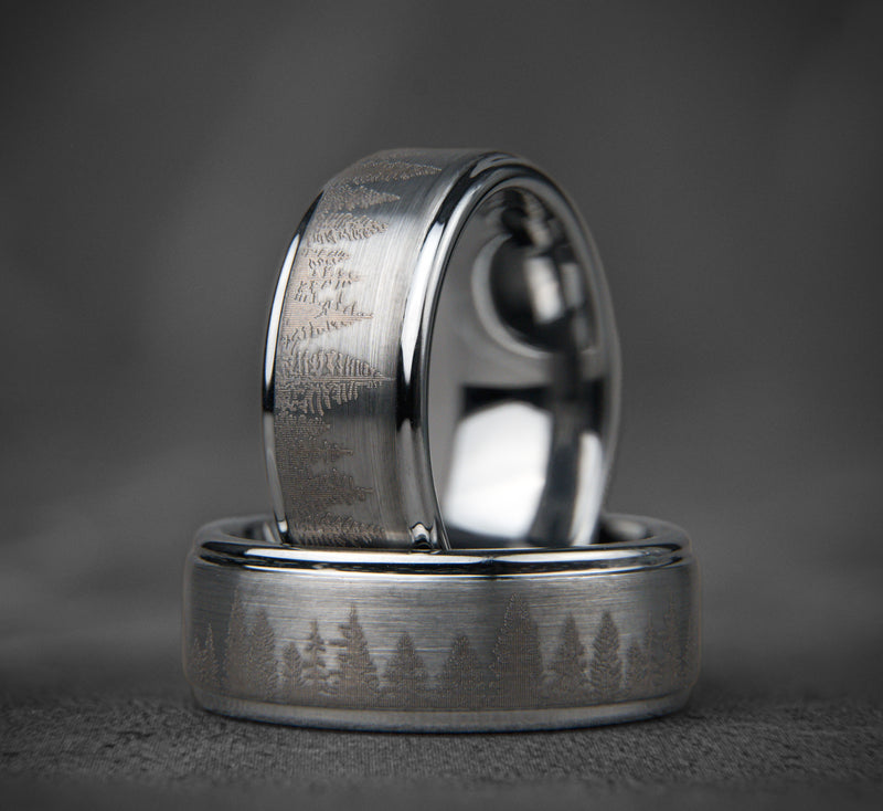 FROZEN FOREST - Bague en tungstène argenté, alliance en tungstène avec motif pin et chêne, bague en tungstène pour homme, alliance unique