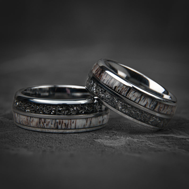 Deer Hunter - Meteorite Deer Antler Silver Tungsten Wedding Ring