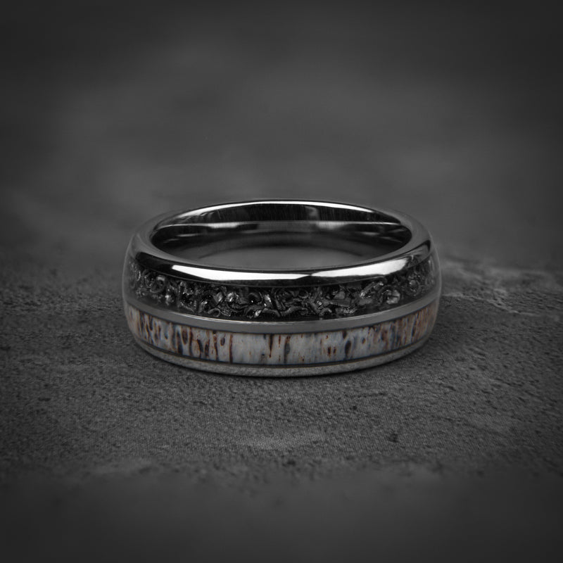 Deer Hunter - Meteorite Deer Antler Silver Tungsten Wedding Ring
