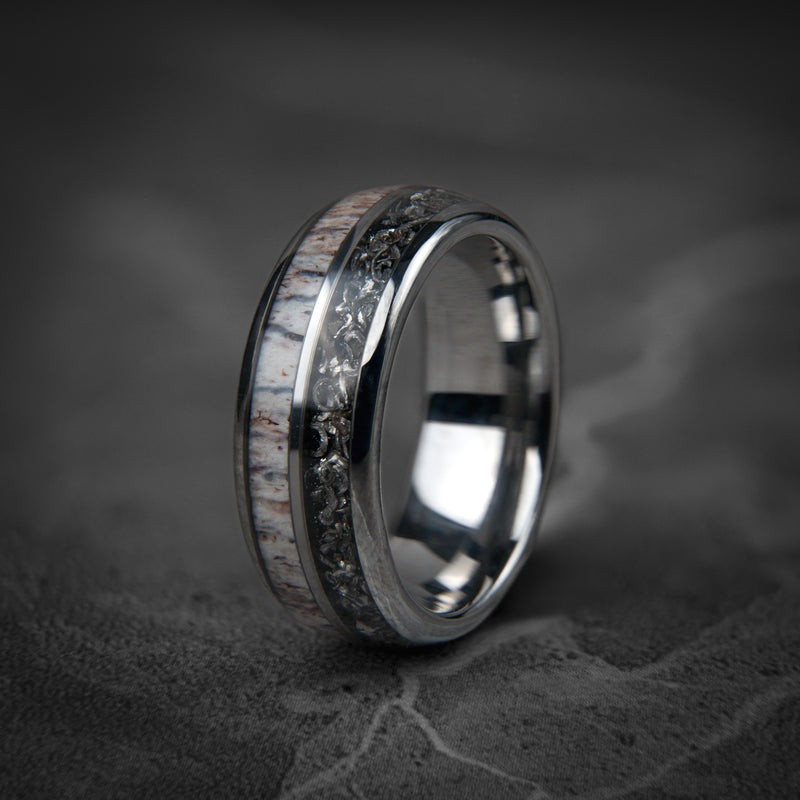 Deer Hunter - Meteorite Deer Antler Silver Tungsten Wedding Ring