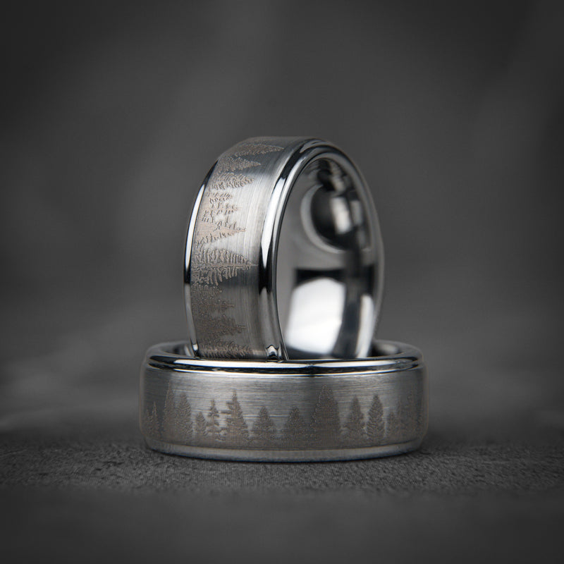 FROZEN FOREST - Bague en tungstène argenté, alliance en tungstène avec motif pin et chêne, bague en tungstène pour homme, alliance unique