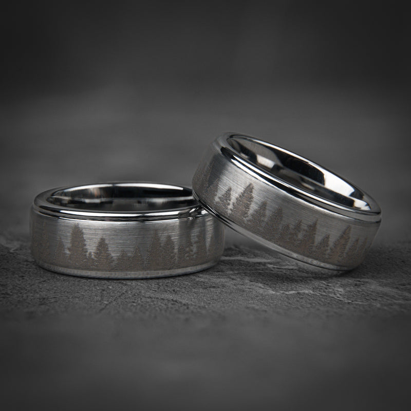 FROZEN FOREST - Bague en tungstène argenté, alliance en tungstène avec motif pin et chêne, bague en tungstène pour homme, alliance unique