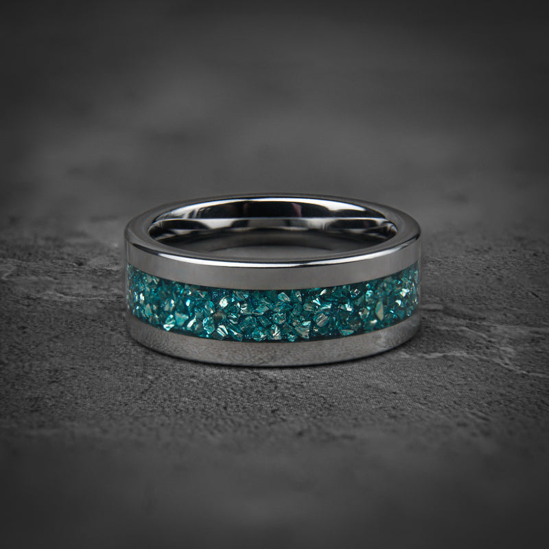 Glacier Crest - Crushed Pacific Blue Opal Silver Tungsten Ring