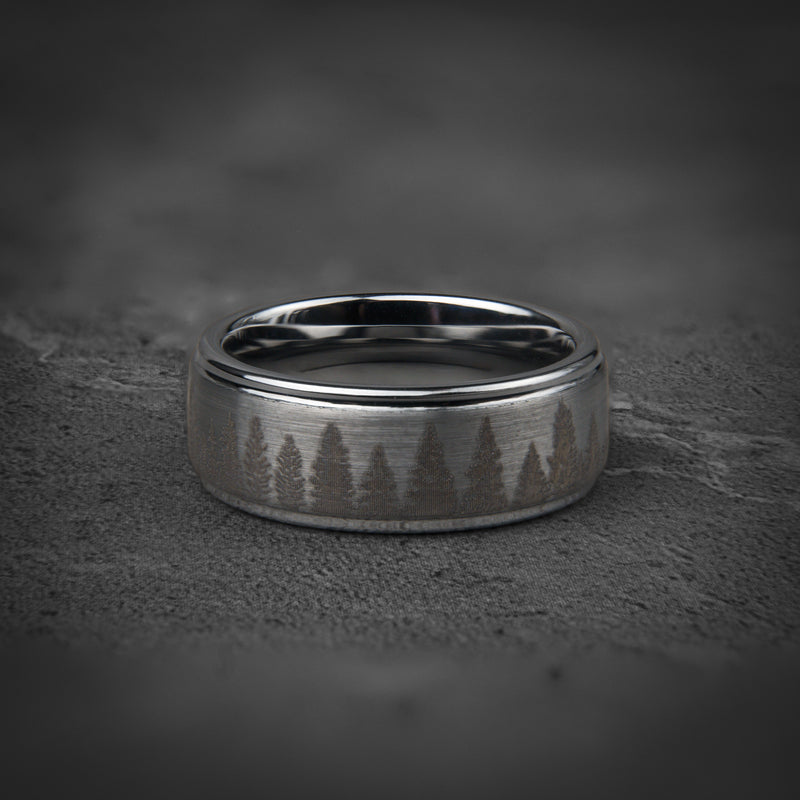 FROZEN FOREST - Bague en tungstène argenté, alliance en tungstène avec motif pin et chêne, bague en tungstène pour homme, alliance unique