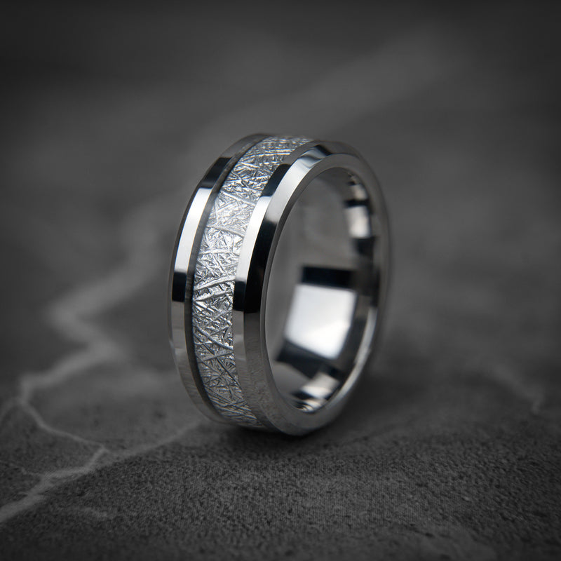 Stellar Vein - Silver Tungsten Meteorite Wedding Ring