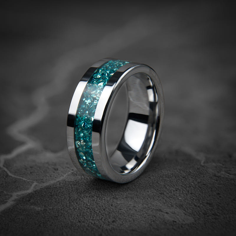 Glacier Crest - Crushed Pacific Blue Opal Silver Tungsten Ring