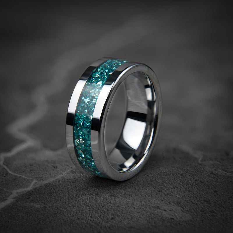 Glacier Crest - Crushed Pacific Blue Opal Silver Tungsten Ring