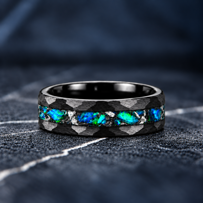 Midnight Tide — Emerald Blue Opal & Meteorite Ring
