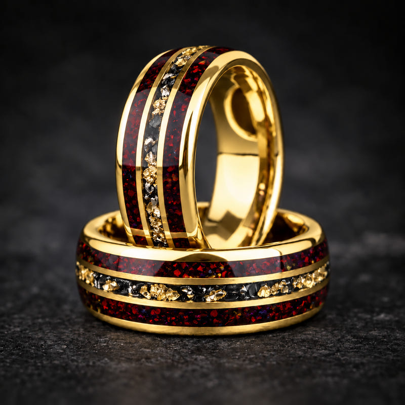 Redshift Forge – Red Opal & Meteorite Tungsten Ring with 24K Yellow Gold Leaf