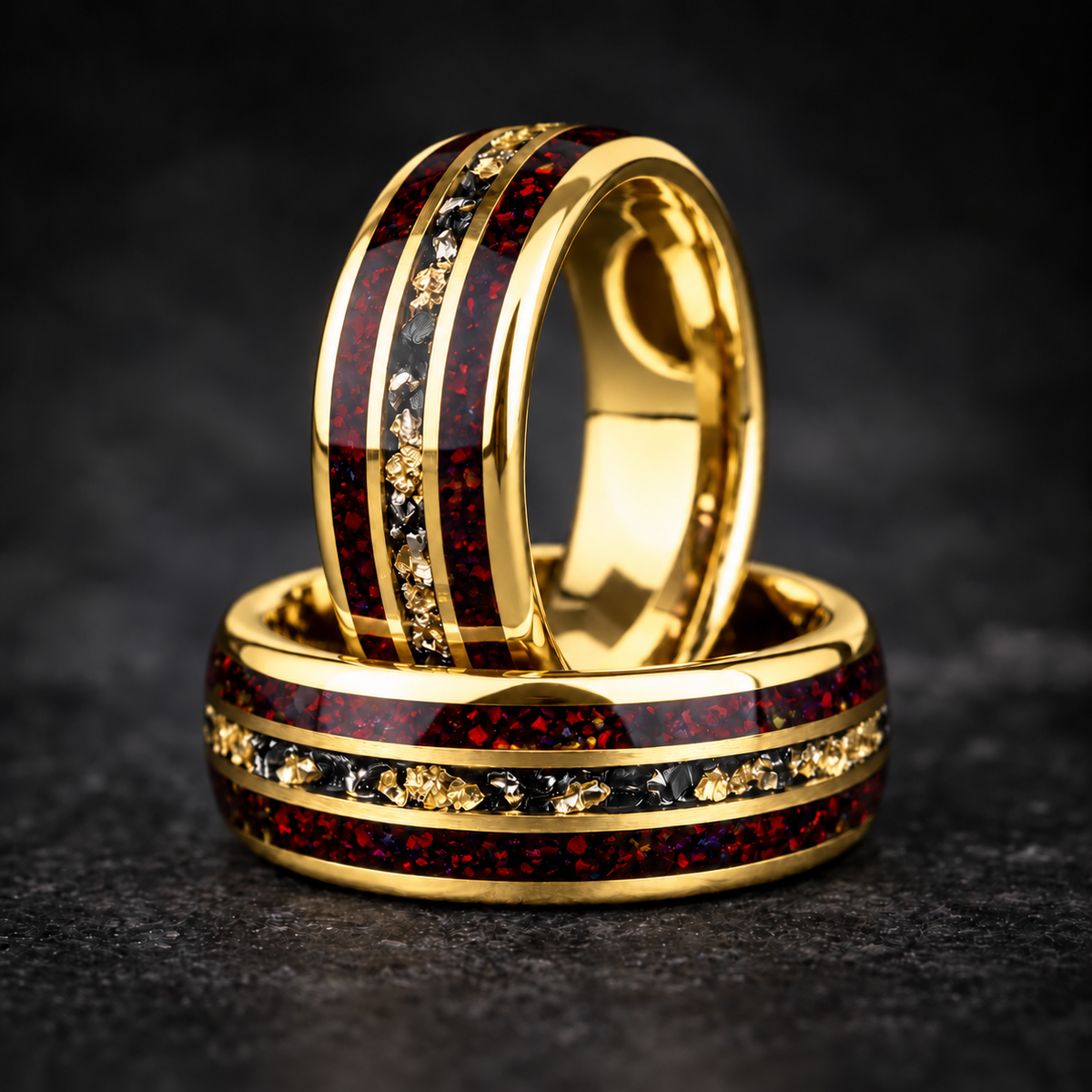 Redshift Forge – Red Opal & Meteorite Tungsten Ring with 24K Yellow Gold Leaf
