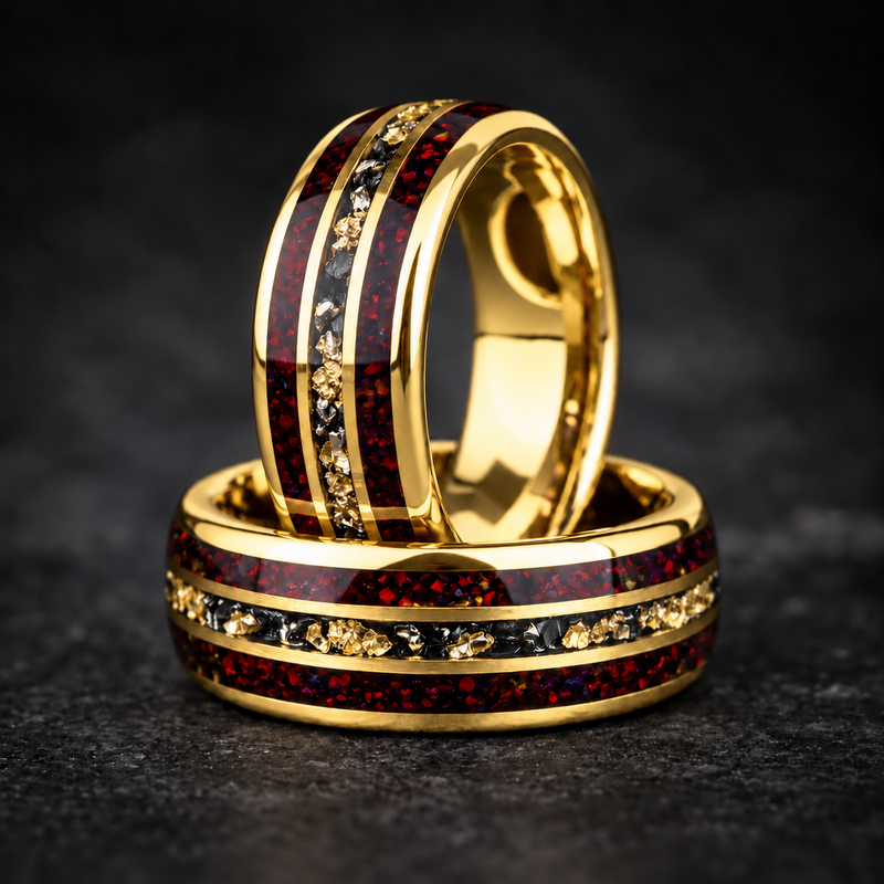 Redshift Forge – Red Opal & Meteorite Tungsten Ring with 24K Yellow Gold Leaf