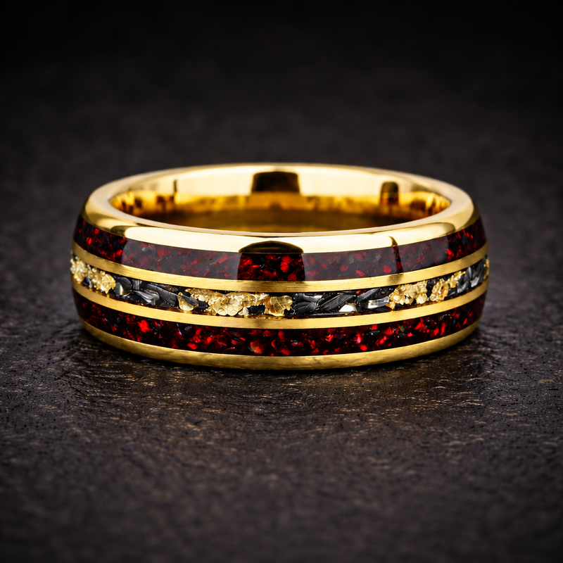 Redshift Forge – Red Opal & Meteorite Tungsten Ring with 24K Yellow Gold Leaf