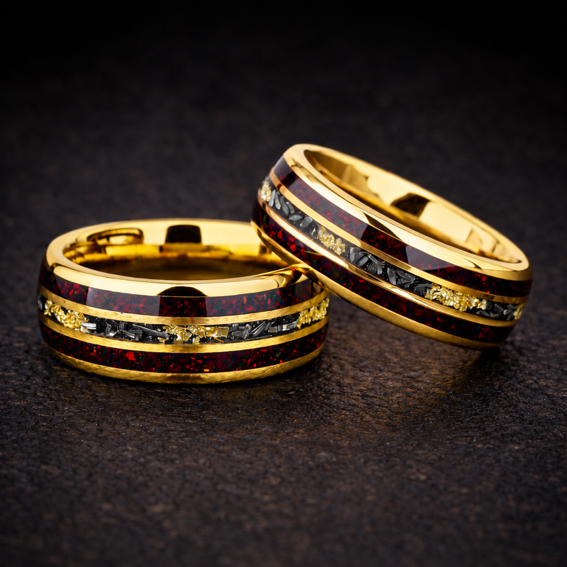 Redshift Forge – Red Opal & Meteorite Tungsten Ring with 24K Yellow Gold Leaf