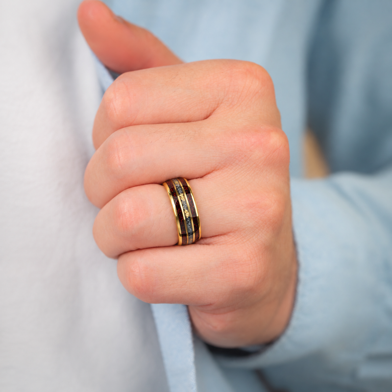 Redshift Forge – Red Opal & Meteorite Tungsten Ring with 24K Yellow Gold Leaf