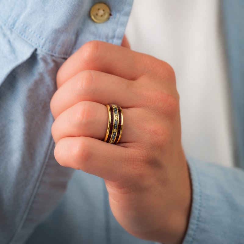 Redshift Forge – Red Opal & Meteorite Tungsten Ring with 24K Yellow Gold Leaf