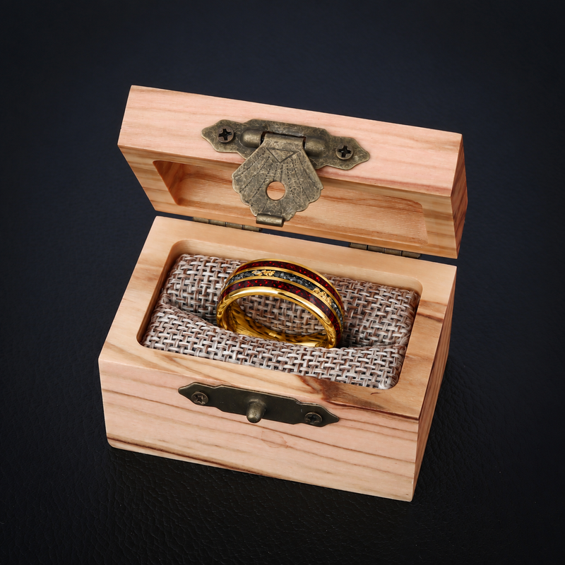Redshift Forge – Red Opal & Meteorite Tungsten Ring with 24K Yellow Gold Leaf