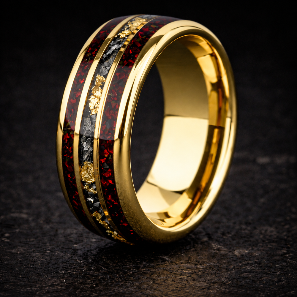 Redshift Forge – Red Opal & Meteorite Tungsten Ring with 24K Yellow Gold Leaf