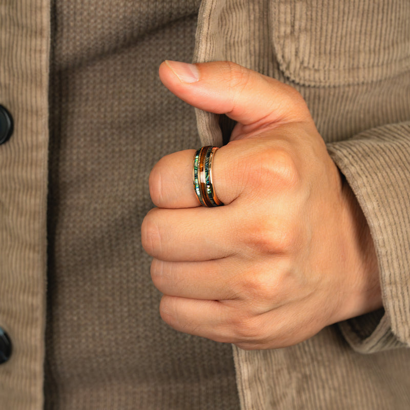 Aegir - Abalone & Whiskey Barrel Tungsten Ring in Rose Gold