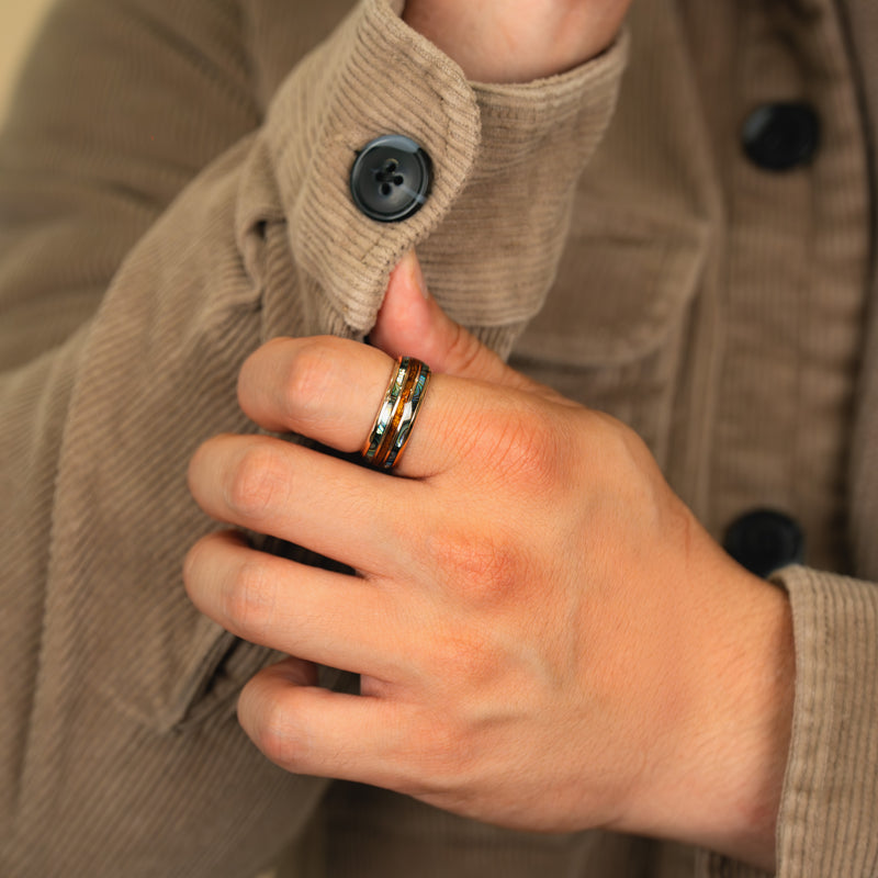 Aegir - Abalone & Whiskey Barrel Tungsten Ring in Rose Gold