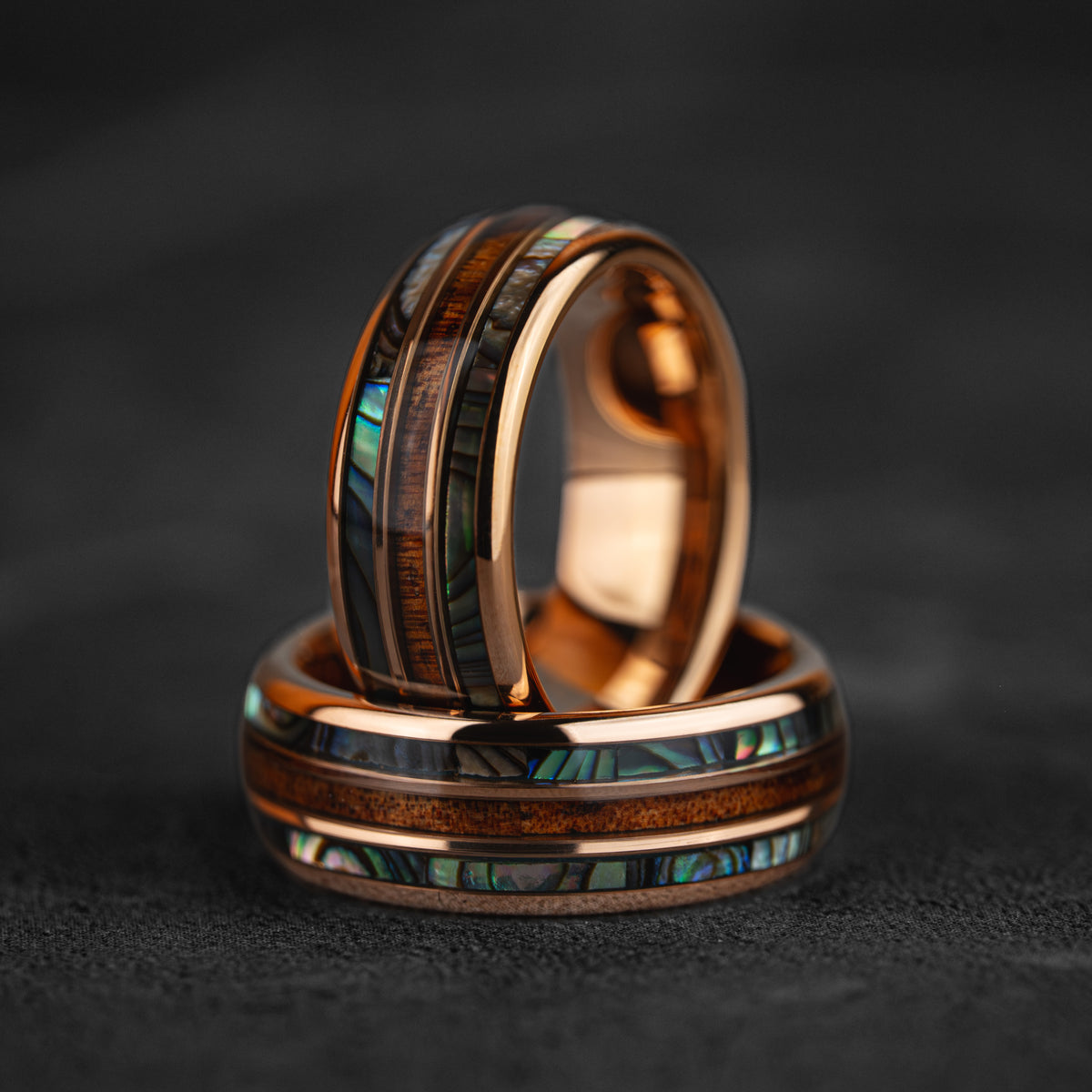 AEGIR - Abalone & Whiskeyfass Wolframring in Roségold