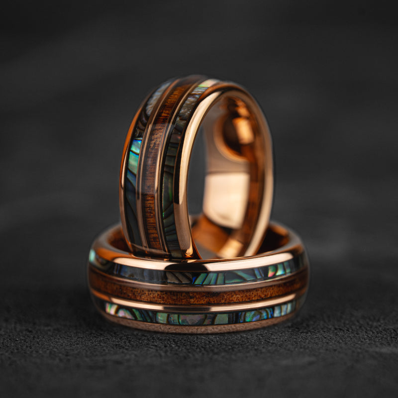 Aegir - Abalone & Whiskey Barrel Tungsten Ring in Rose Gold