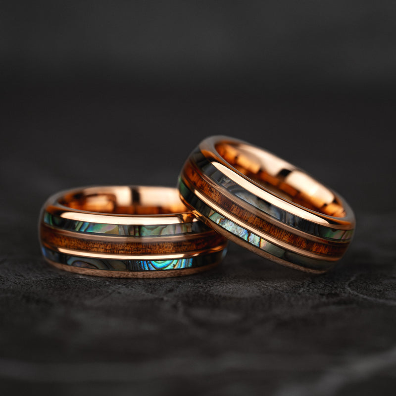 Aegir - Abalone & Whiskey Barrel Tungsten Ring in Rose Gold