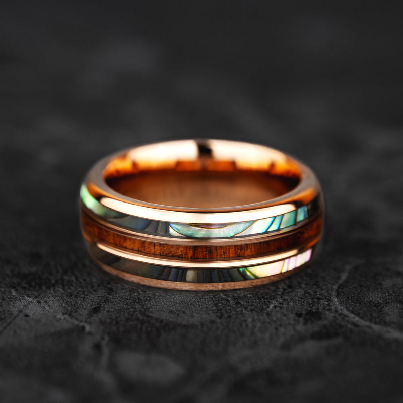 Aegir - Abalone & Whiskey Barrel Tungsten Ring in Rose Gold