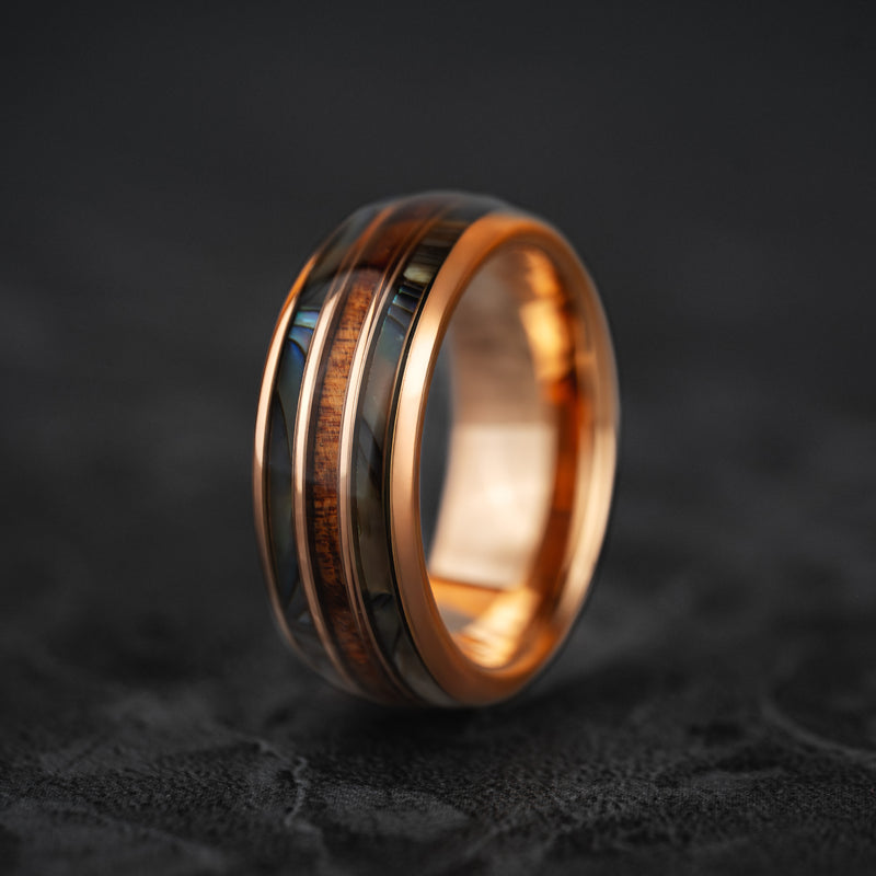 Aegir - Abalone & Whiskey Barrel Tungsten Ring in Rose Gold