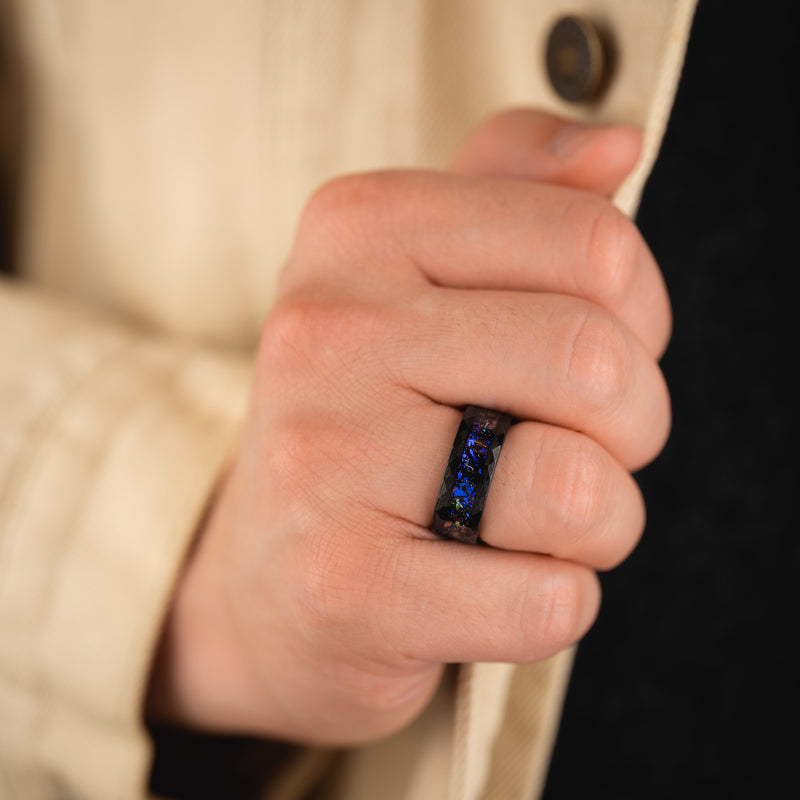 Celestial Core - Galaxy Hammered Black Tungsten Ring