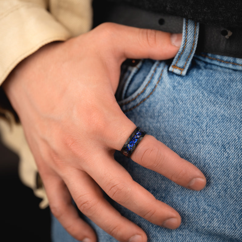 Celestial Core - Galaxy Hammered Black Tungsten Ring
