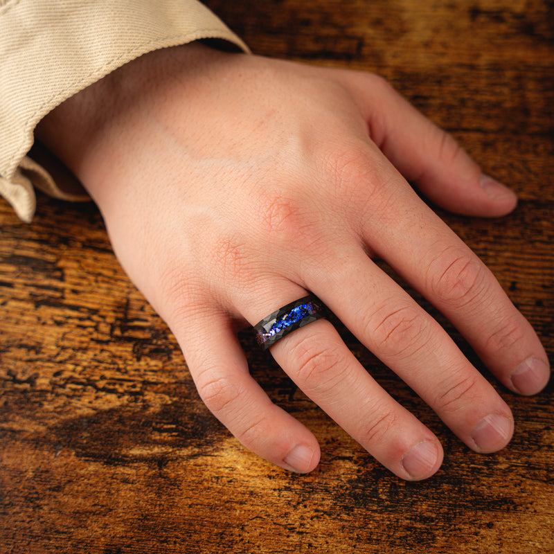 Celestial Core - Galaxy Hammered Black Tungsten Ring
