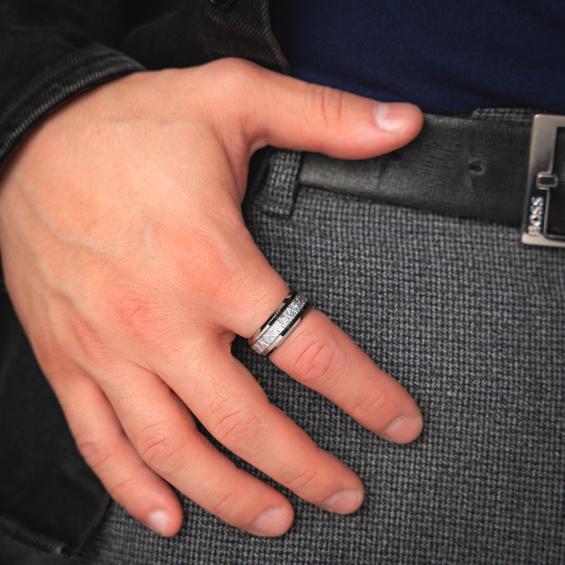 Stellar Vein - Silver Tungsten Meteorite Wedding Ring