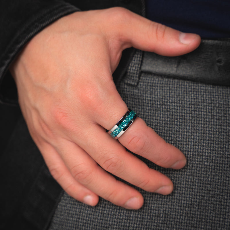 Glacier Crest - Crushed Pacific Blue Opal Silver Tungsten Ring
