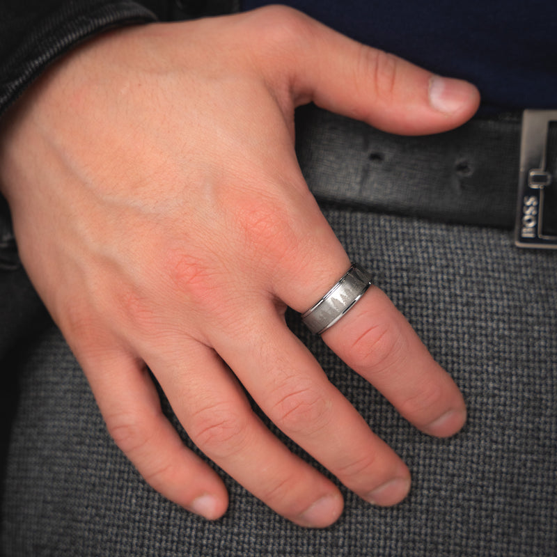 FROZEN FOREST - Bague en tungstène argenté, alliance en tungstène avec motif pin et chêne, bague en tungstène pour homme, alliance unique