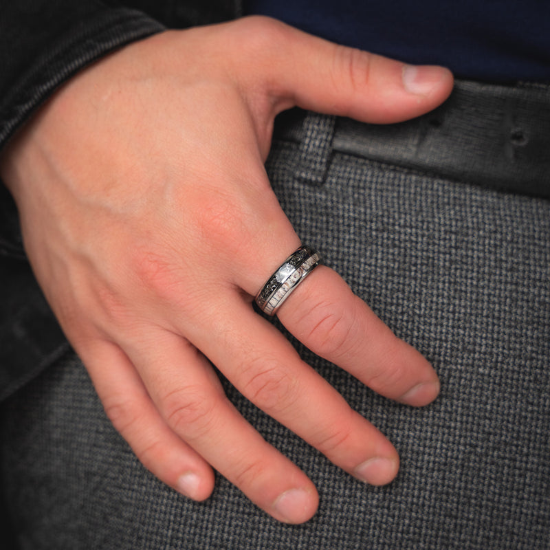 Deer Hunter - Meteorite Deer Antler Silver Tungsten Wedding Ring