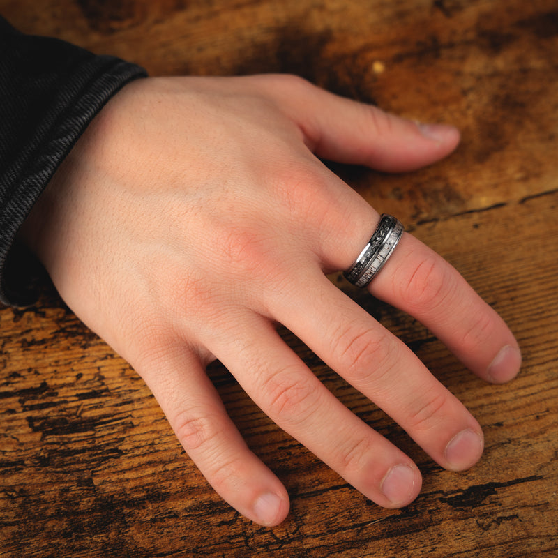 Deer Hunter - Meteorite Deer Antler Silver Tungsten Wedding Ring