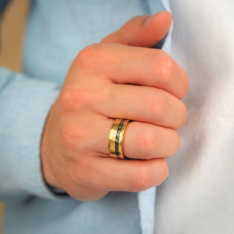 Titan Vein - Hammered Gold Tungsten Ring with Black Obsidian Inlay