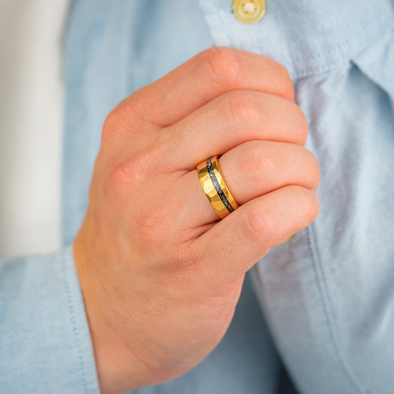 Titan Vein - Hammered Gold Tungsten Ring with Black Obsidian Inlay