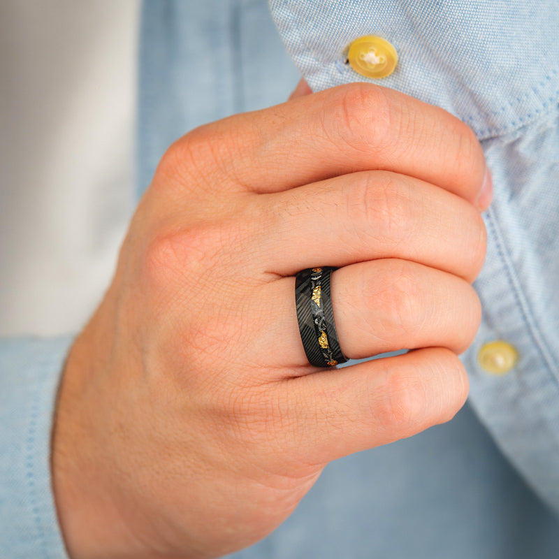 Aurum Meteora - Damascus Steel Ring with Gold Leaf & Meteorite Flakes