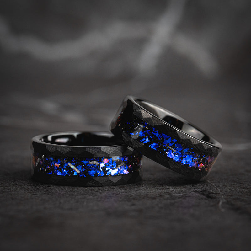 Celestial Core - Galaxy Hammered Black Tungsten Ring