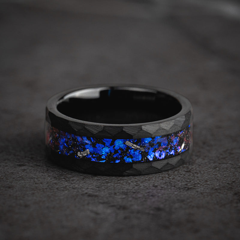 Celestial Core - Galaxy Hammered Black Tungsten Ring