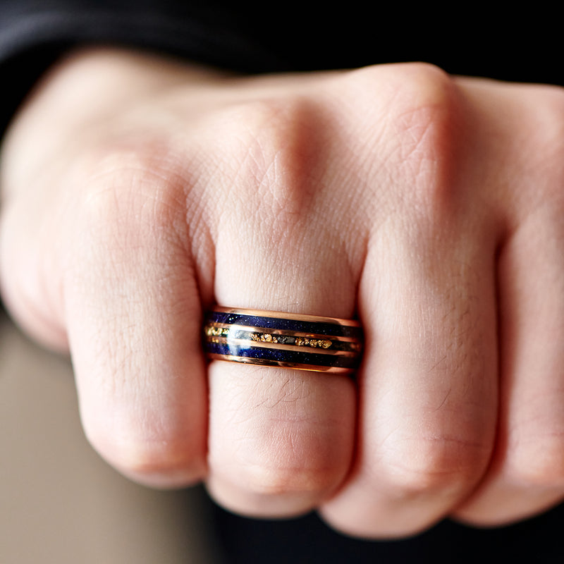 Blues Nights - Blue Opal Meteorite Tungsten Ring, 24K Rose Gold Leaf Inlay Mens Wedding Band