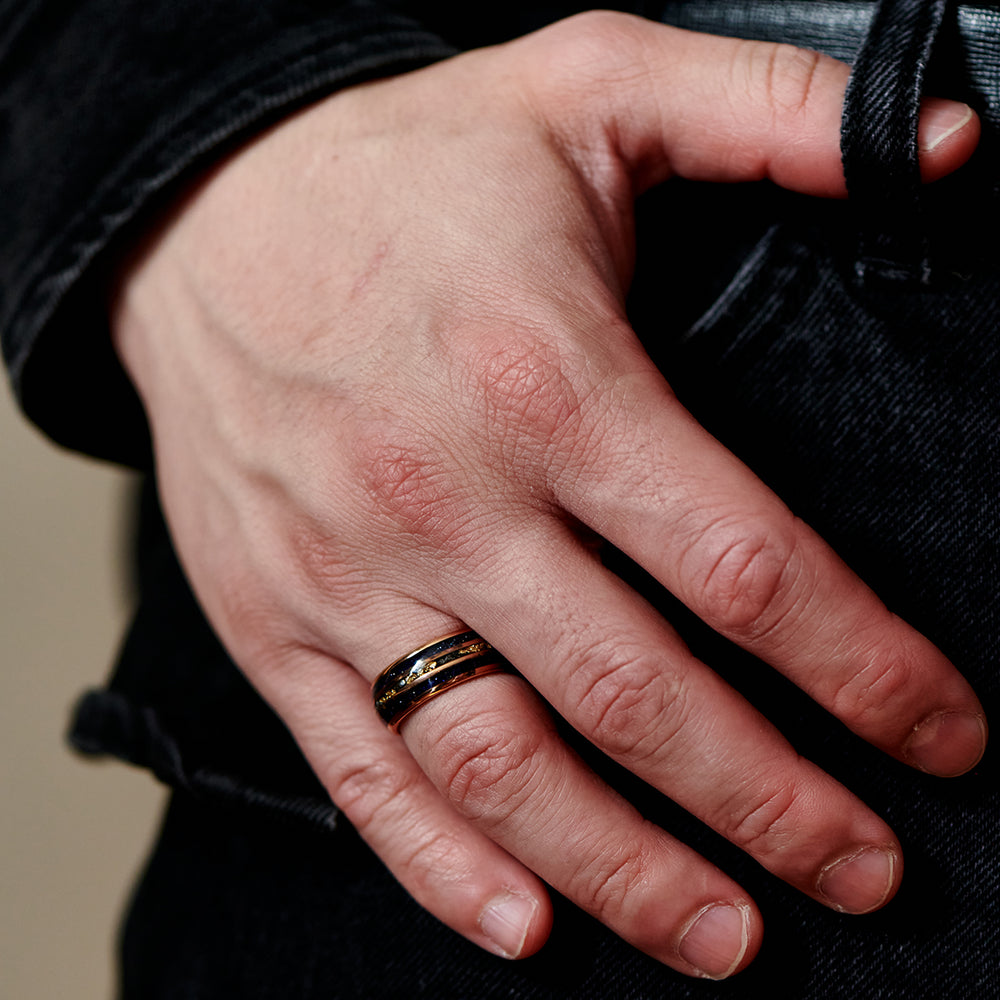 BLUES NIGHTS - Blauer Opal Meteorit Wolfram Ring, 24K Roségold Blatt Inlay Herren Ehering