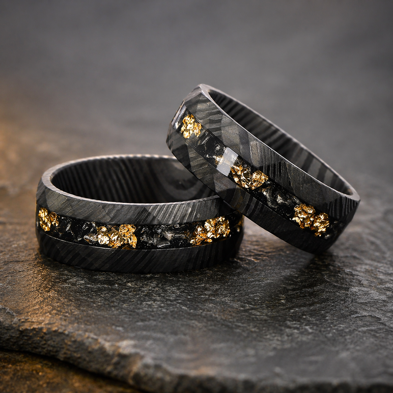 Aurum Meteora - Damascus Steel Ring with Gold Leaf & Meteorite Flakes