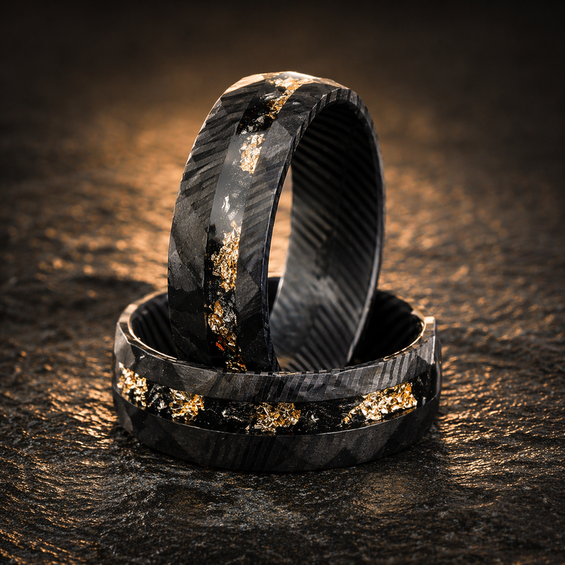 Aurum Meteora - Damascus Steel Ring with Gold Leaf & Meteorite Flakes