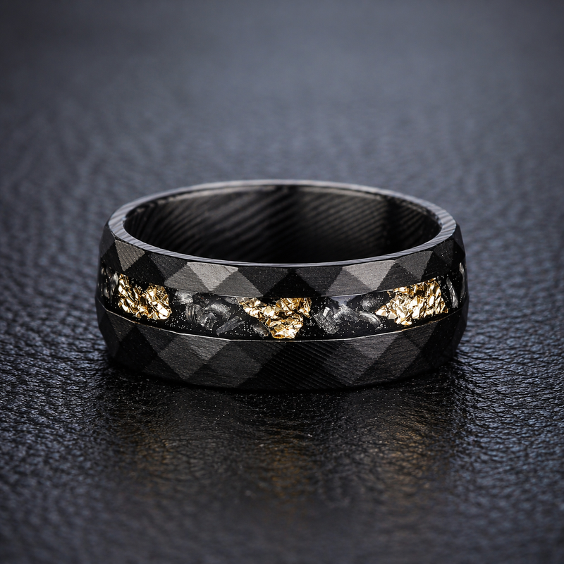 Aurum Meteora - Damascus Steel Ring with Gold Leaf & Meteorite Flakes